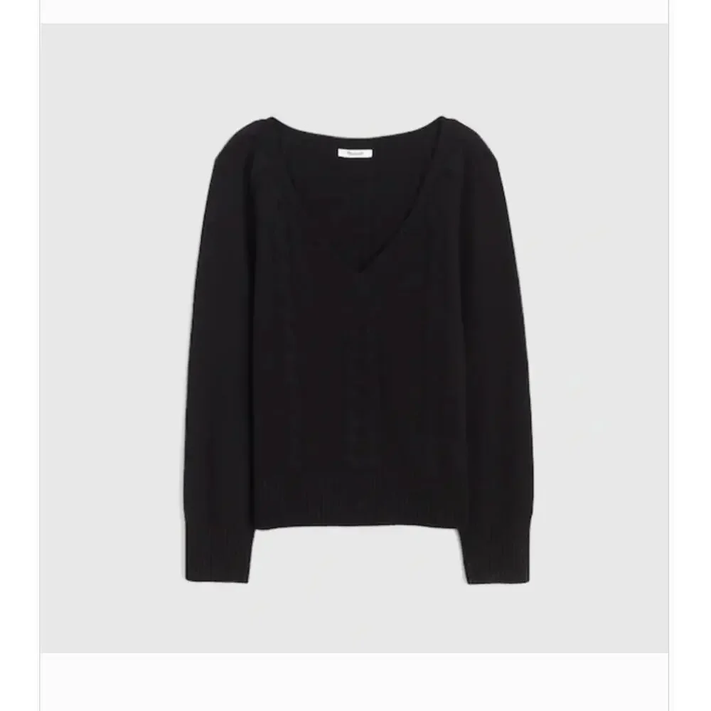 Madewell V-Neck Pullover Sweater Merino Wool S Black NWT NY444 Cable Knit Prep